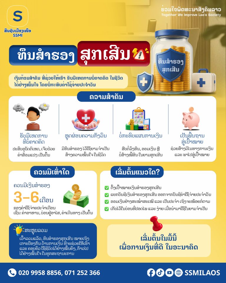 💛 ກຽມຄວາມພ້ອມ ແລະ ຮັບມືກັບເຫດການບໍ່ຄາດຄິດ ໃນຊີວິດປະຈໍາວັນ ໄດ້ຢ່າງໝັ້ນໃຈ ໂດຍບໍ່ກະທົບຄ່າໃຊ້ຈ່າຍປະຈໍາວັນ ດ້ວຍທຶນສໍາຮອງສຸກເສີນ ເພື່ອການເງິນທີ່ດີ ໃນອະນາຄົດ 💰